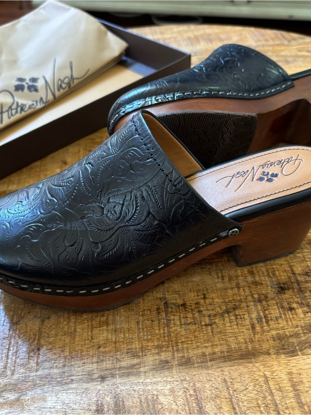 Patricia Nash Black Tooled Leather Slip-On Clogs with Wood Platform